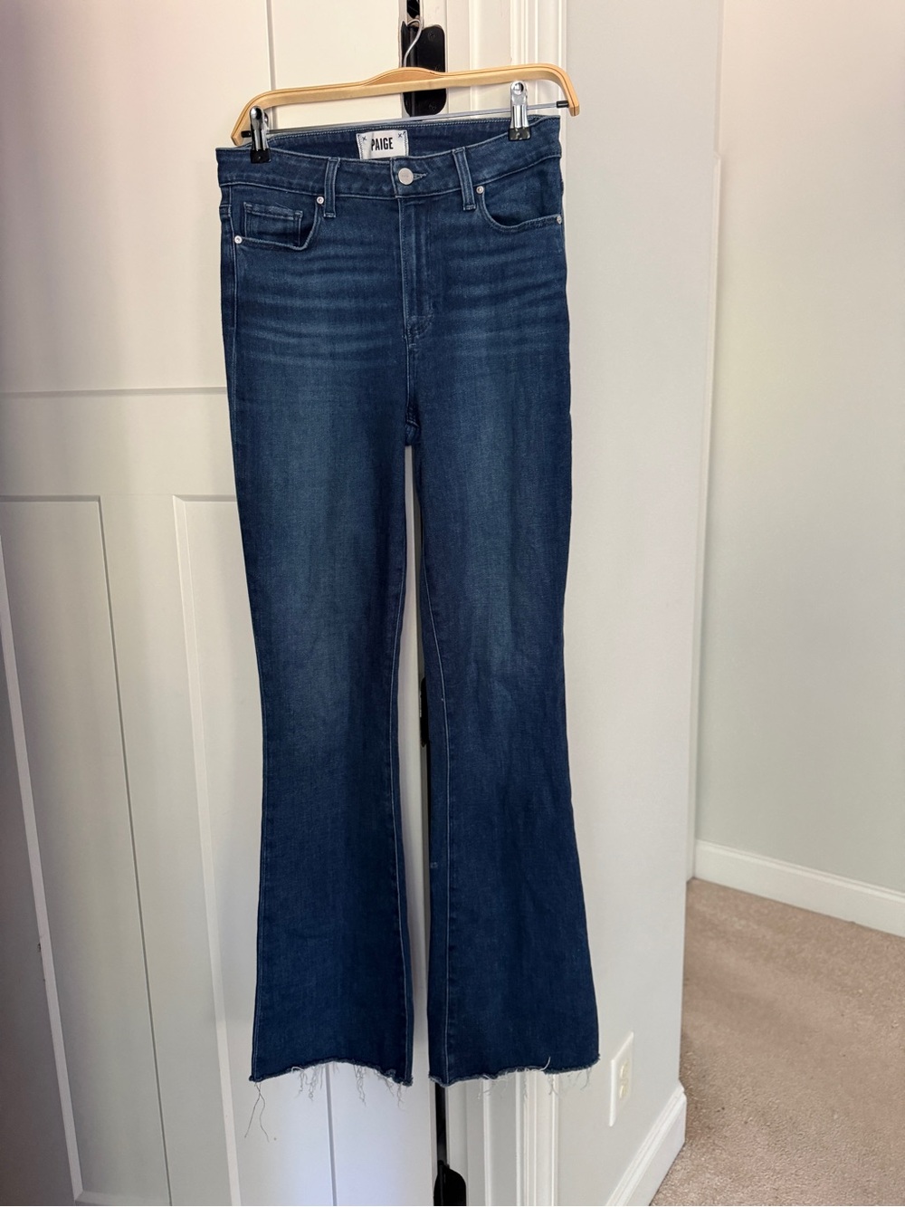 Paige high rise laurel canyon dark wash flare jeans Aegean distressed